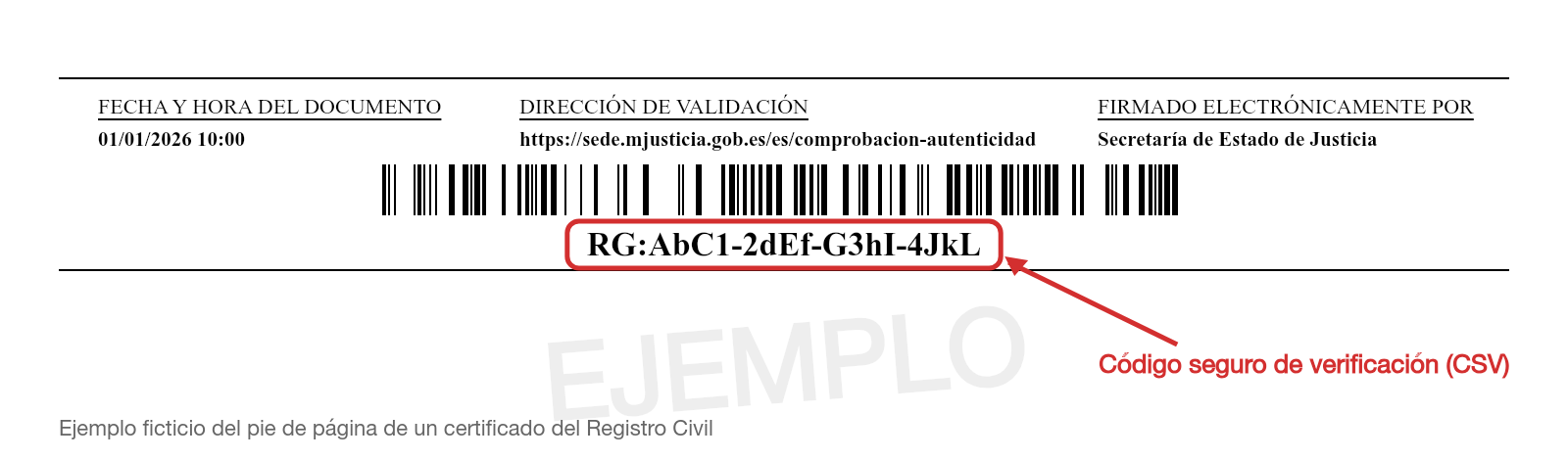 Ejemplo ficticio del pie de un certificado con el código seguro de verificación (CSV) resaltado